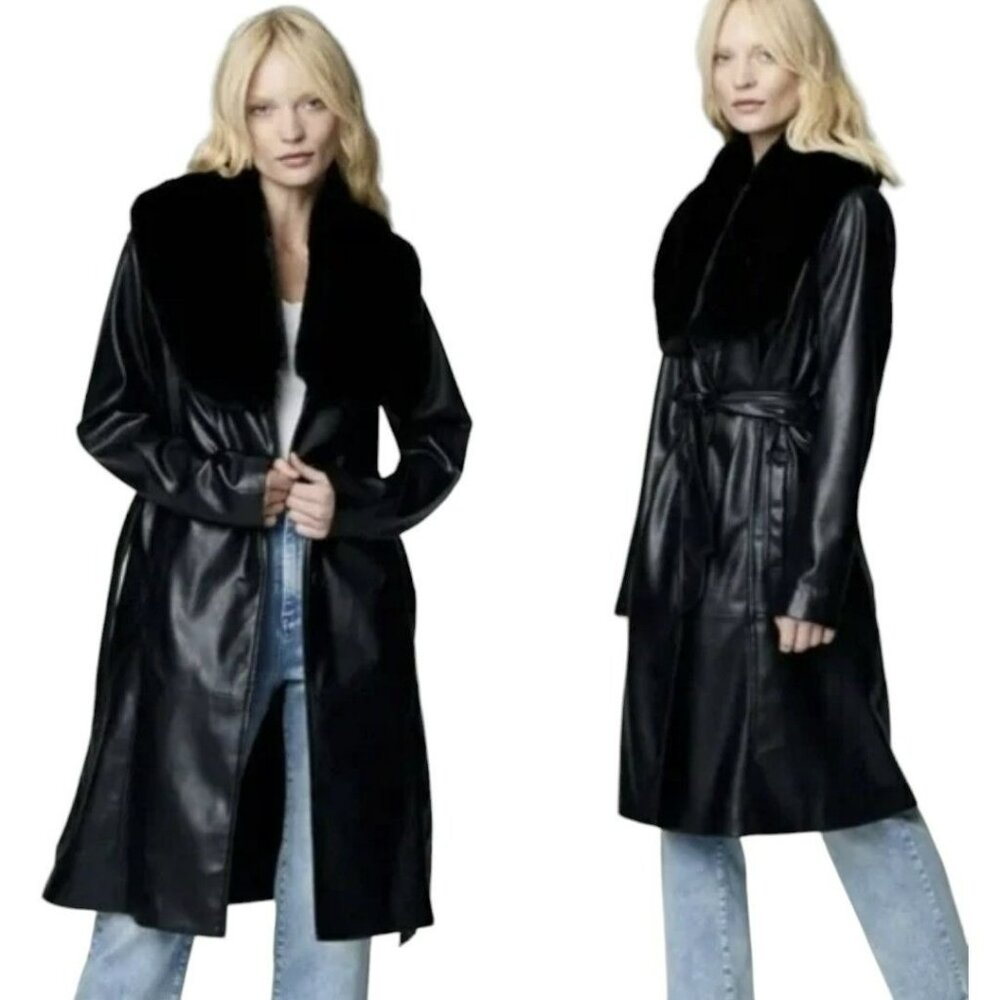 Revolve Blank NYC Black Fur Trench Coat Large Vegan Faux Leather Jacket NWT - Picture 2 of 11